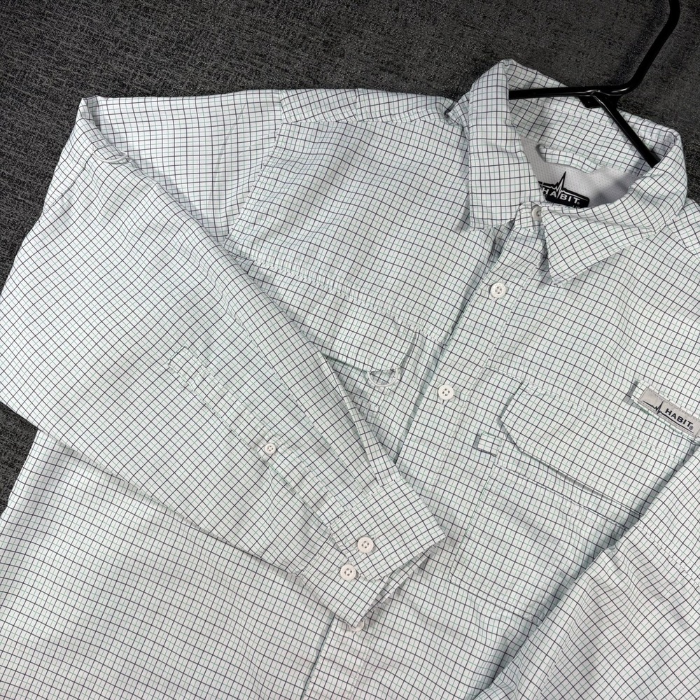 Habit Fishing Shirt Mens Large White Green Grid Long Sleeve Ventilated TS10152